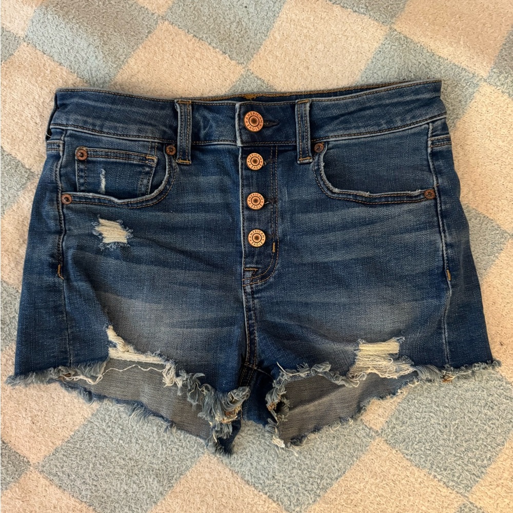 American Eagle Distressed Denim Shorts Dark Wash Blue Jean Button Down